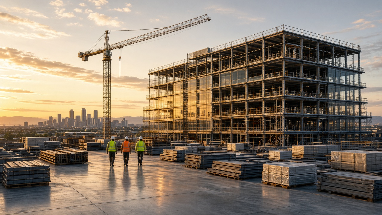 Steel and glass building under construction at golden hour, with a tower crane and a crew walking the deck